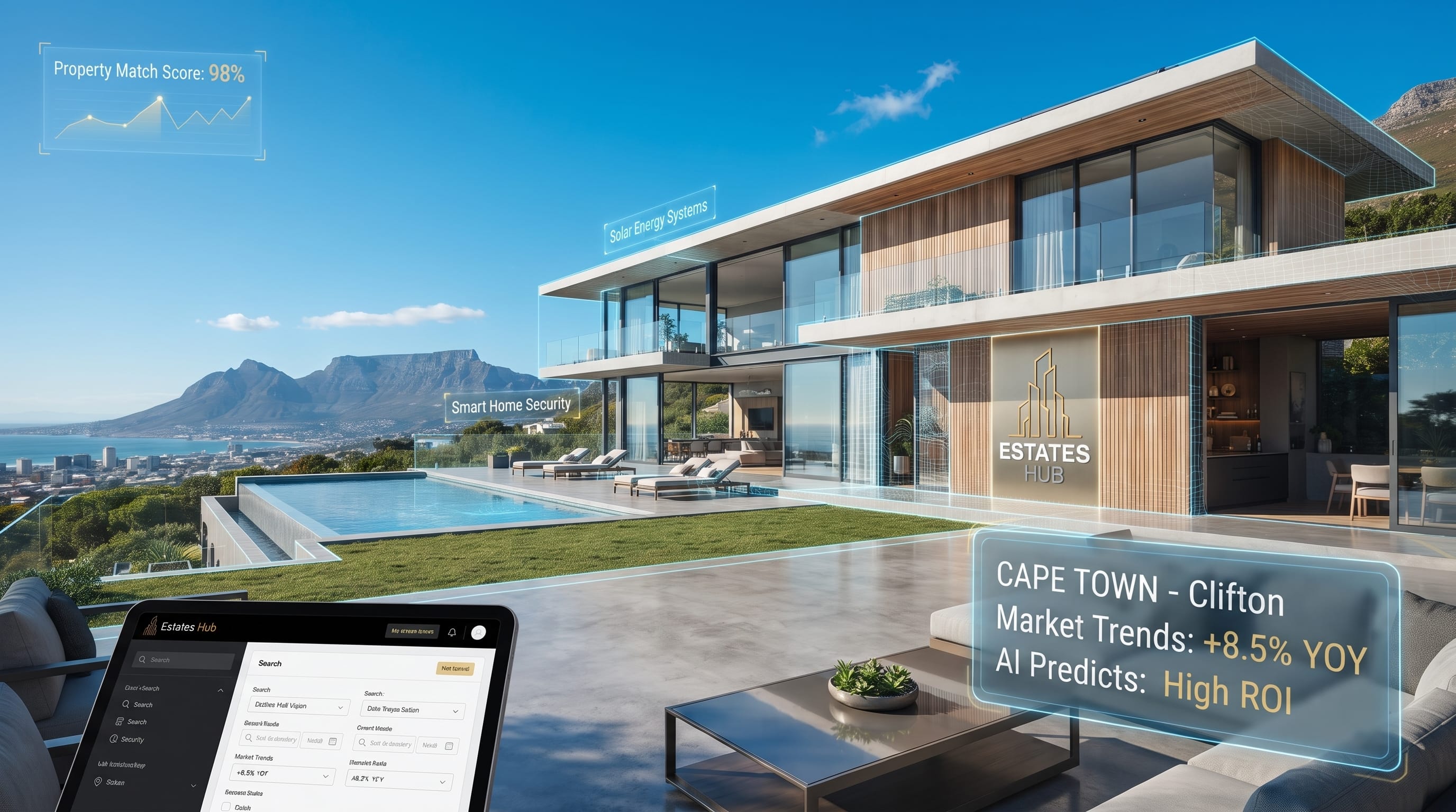 A sleek modern dashboard interface displaying Estates Hub's AI lifestyle-matching map and real-time South African property analytics.